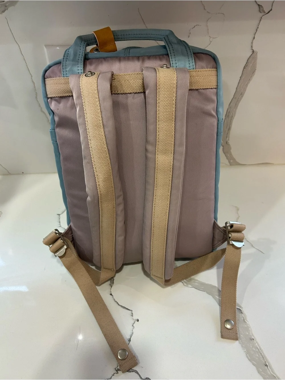 Doughnut Macaroon Blue & Lavender Canvas Backpack with Tan Accents - Women
